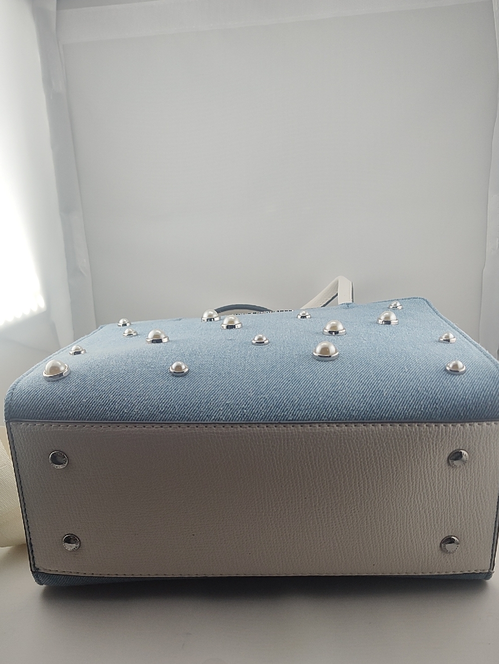 Karl Lagerfeld Denim and Leather tote bag Pearl Embellished Light Blue NWT $228 - Picture 8 of 15